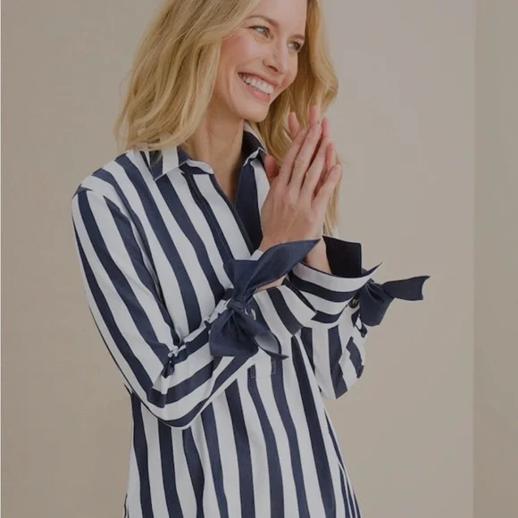 Chico's Blue and White Button Down Shirt with Cuffed Sleeves- Brand New - Picture 1 of 10